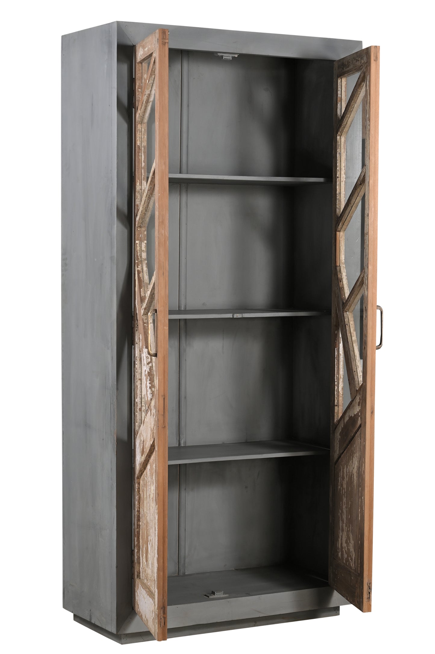 Vintage Teak and Recycled Wood Glass Cabinet