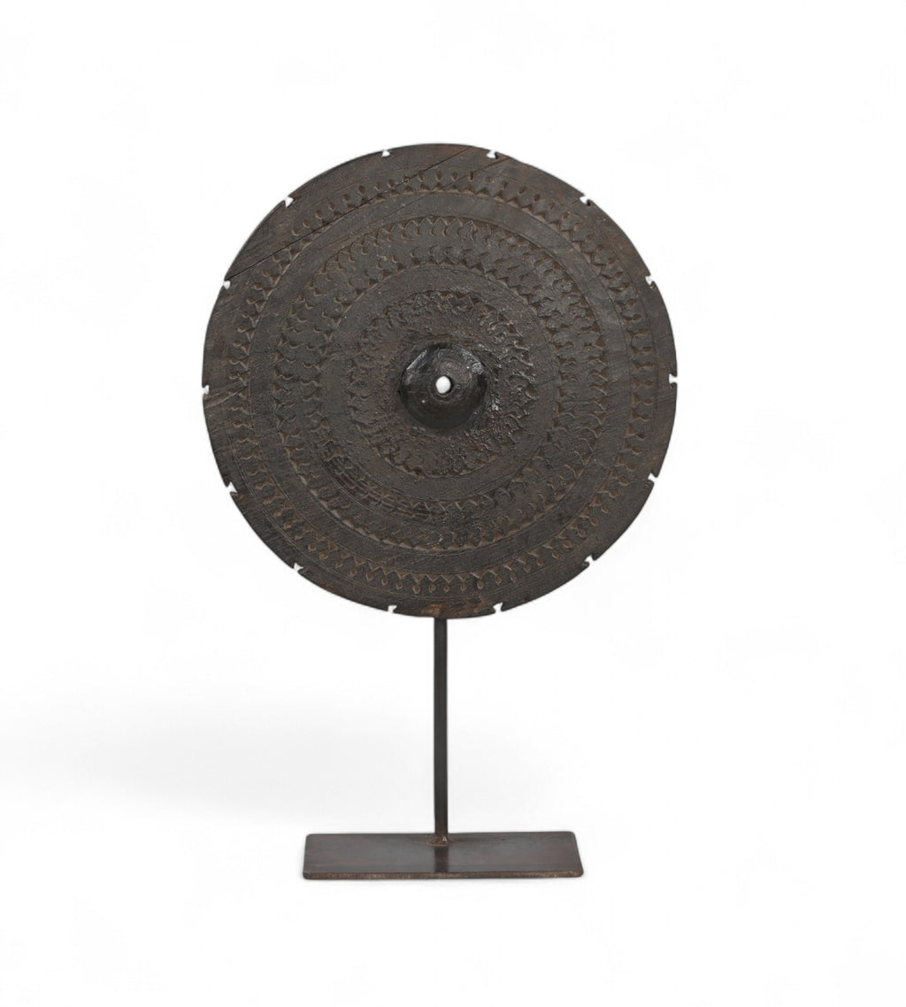 Reclaimed Wooden Wheel on Iron Stand