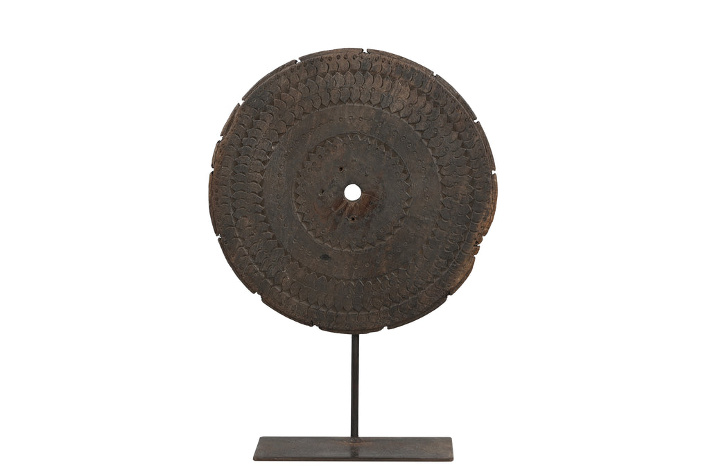 Reclaimed Wooden Wheel on Iron Stand