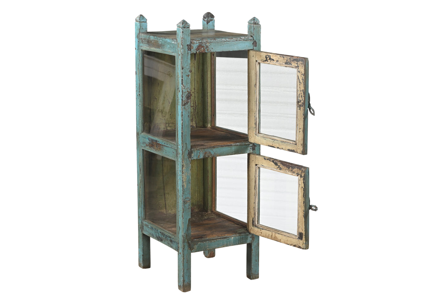 Vintage Recycled Wood Glass Display Side Cabinet