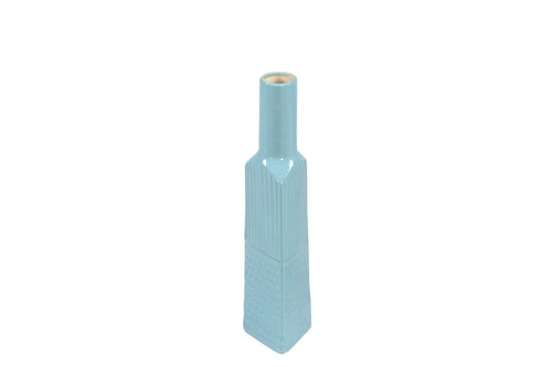 A blue ceramic vase with a narrow form and subtle geometric texture.