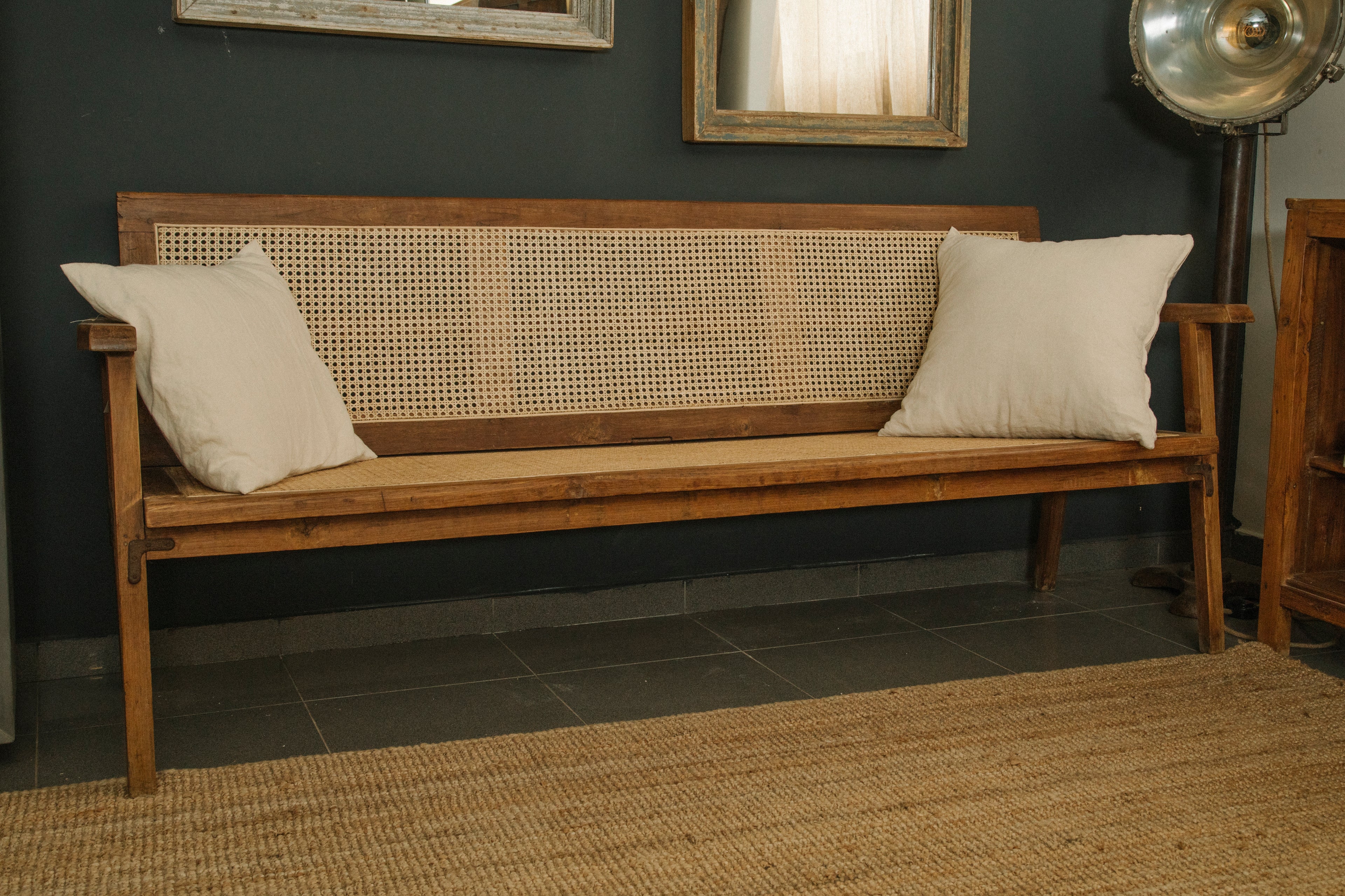 Vintage Teak Wood and Natural Rattan Bench