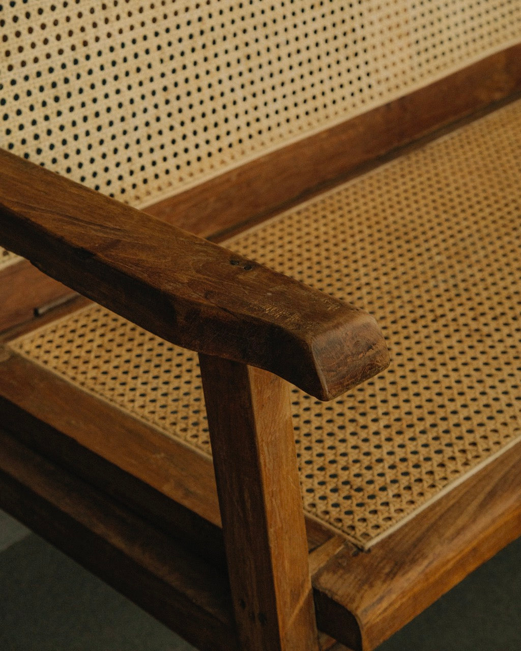 Vintage Teak Wood and Natural Rattan Bench