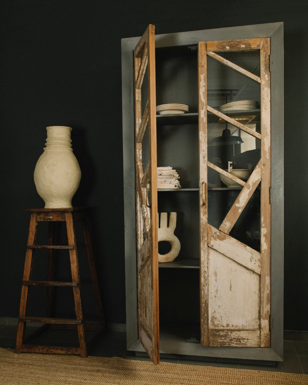 Vintage Teak and Reclaimed Wood Glass Cabinet