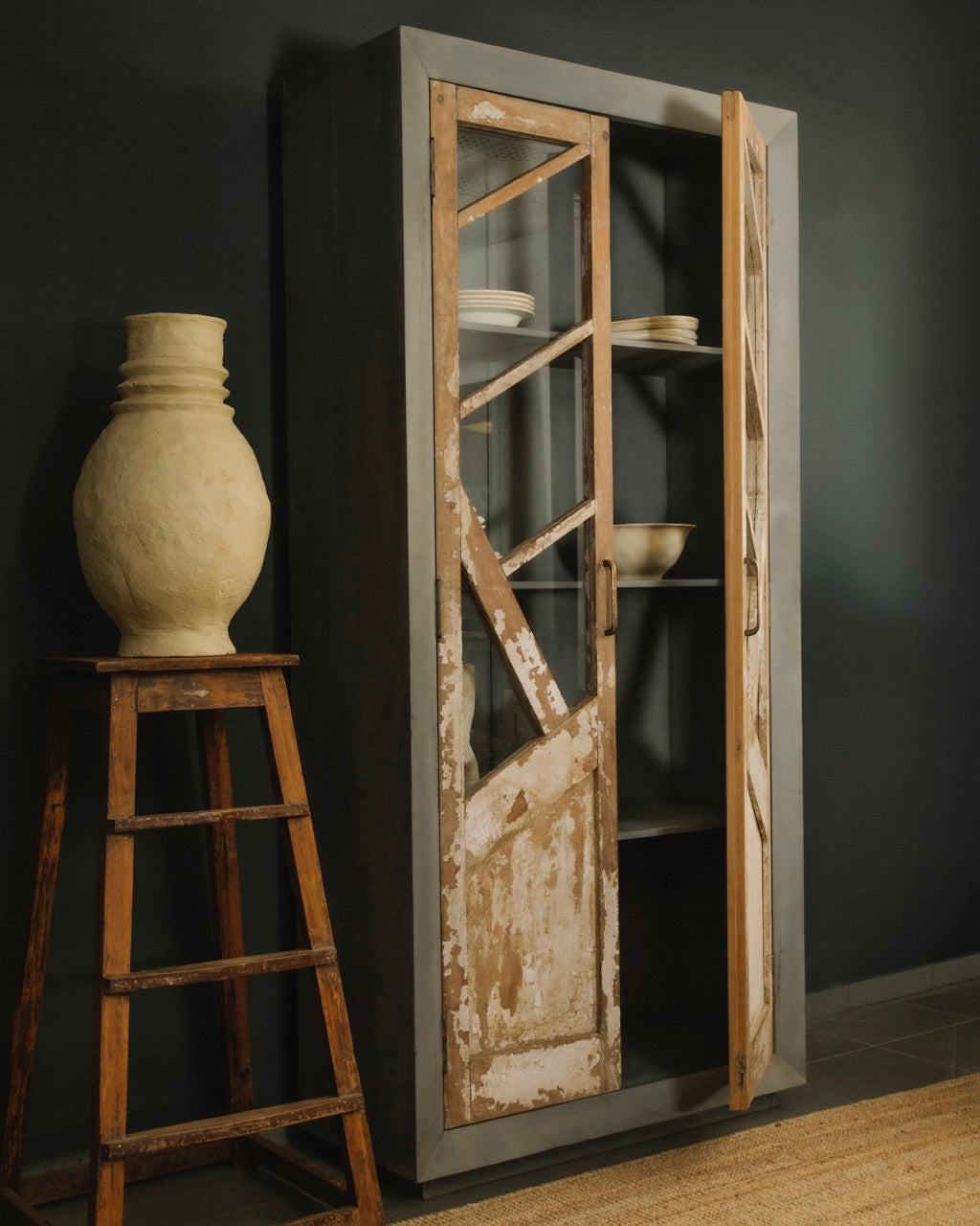 Vintage Teak and Reclaimed Wood Glass Cabinet
