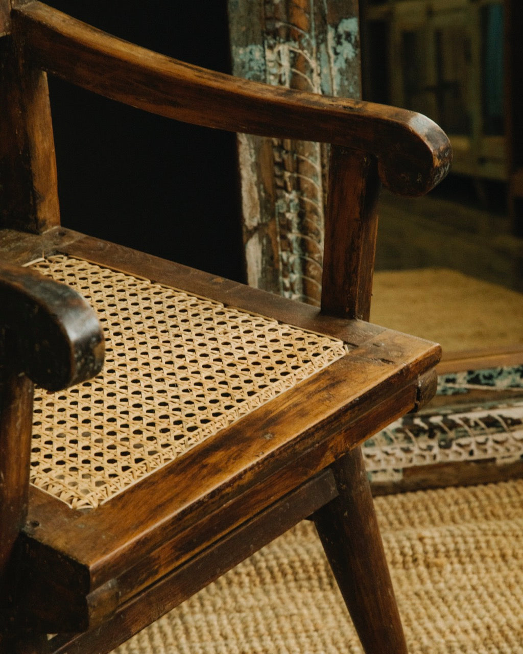 Vintage Teak Wood and Natural Rattan Armchair