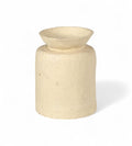 A cylindrical off white papier mache planter with a textured surface.