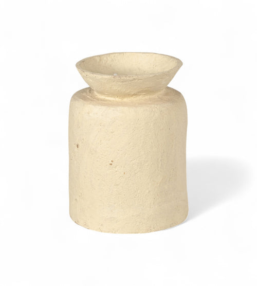 A cylindrical off white papier mache planter with a textured surface.