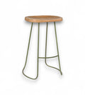 A bar stool with a mango wood seat and a minimalist green iron frame.