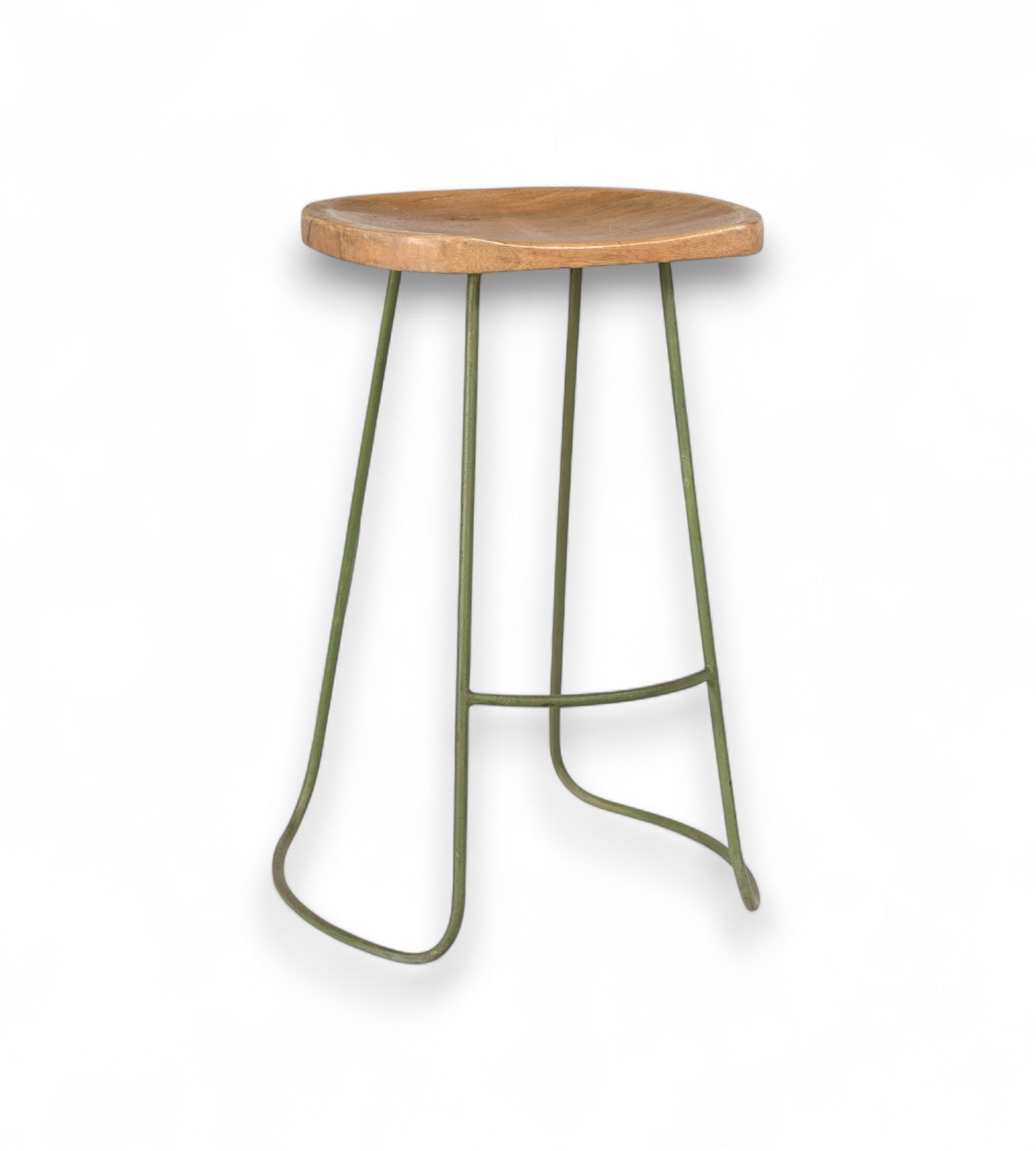 A bar stool with a mango wood seat and a minimalist green iron frame.