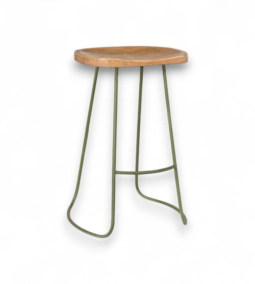 A bar stool with a mango wood seat and a minimalist green iron frame.