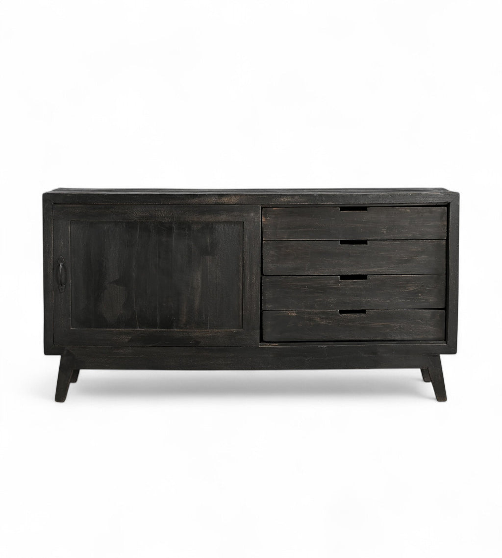A black recycled wooden plasma sideboard with four drawers and slightly angled feet, designed in a mid-century style.