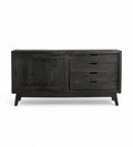 A black recycled wooden plasma sideboard with four drawers and slightly angled feet, designed in a mid-century style.