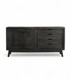 A black recycled wooden plasma sideboard with four drawers and slightly angled feet, designed in a mid-century style.