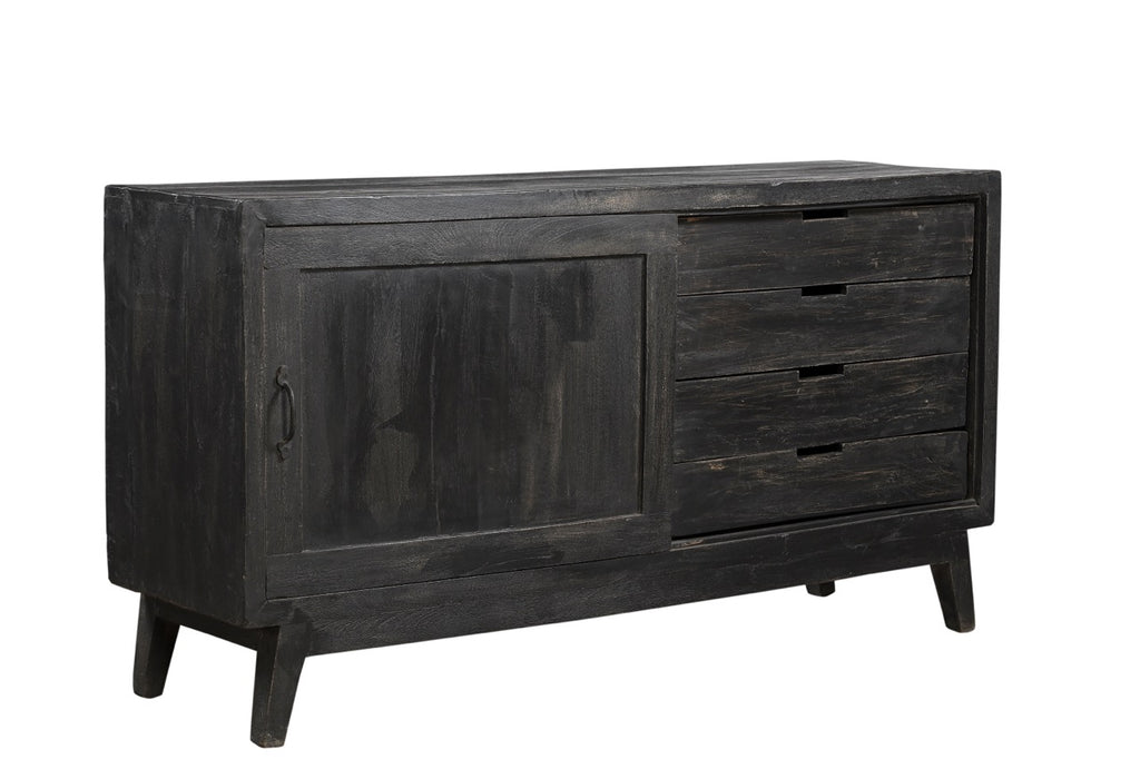 A black recycled wooden plasma sideboard with four drawers and slightly angled feet, designed in a mid-century style.