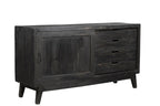 A black recycled wooden plasma sideboard with four drawers and slightly angled feet, designed in a mid-century style.
