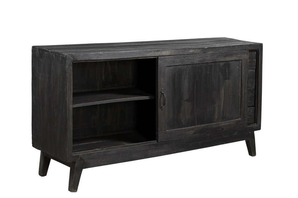 A black recycled wooden plasma sideboard with four drawers and slightly angled feet, designed in a mid-century style.