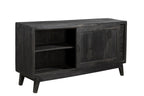 A black recycled wooden plasma sideboard with four drawers and slightly angled feet, designed in a mid-century style.