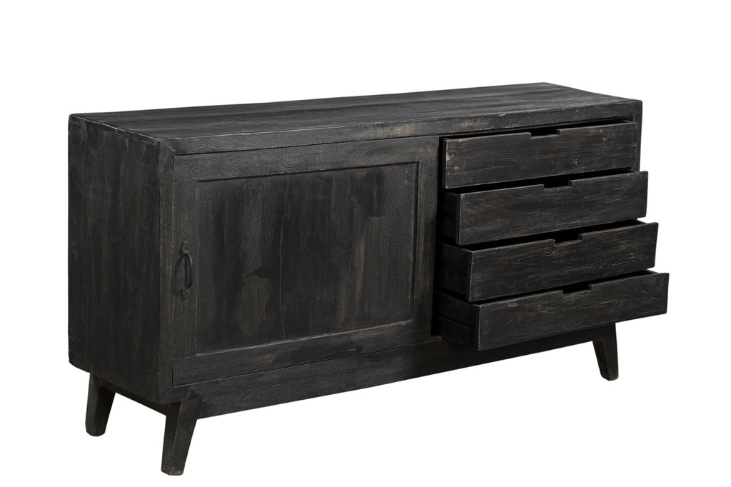 A black recycled wooden plasma sideboard with four drawers and slightly angled feet, designed in a mid-century style.