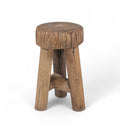 A rustic wooden side table / stool with visible cracks and natural wood patterns, crafted from solid reclaimed wood.