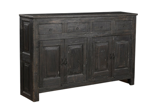 A black reclaimed wood 4-drawer sideboard with four doors and a minimalist design.