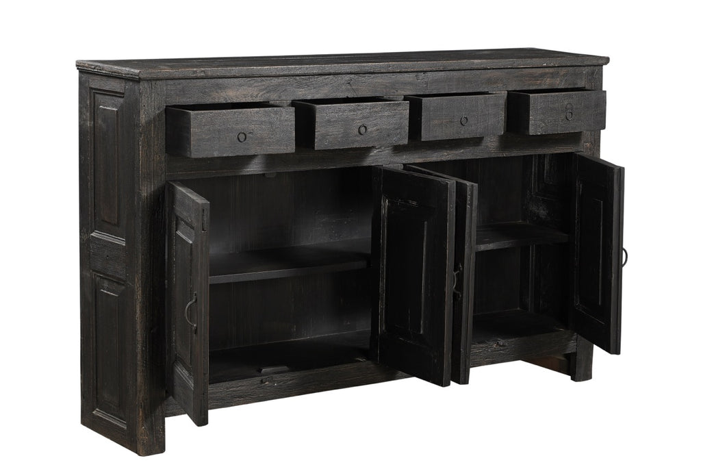 A black reclaimed wood 4-drawer sideboard with four doors and a minimalist design.