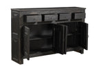 A black reclaimed wood 4-drawer sideboard with four doors and a minimalist design.