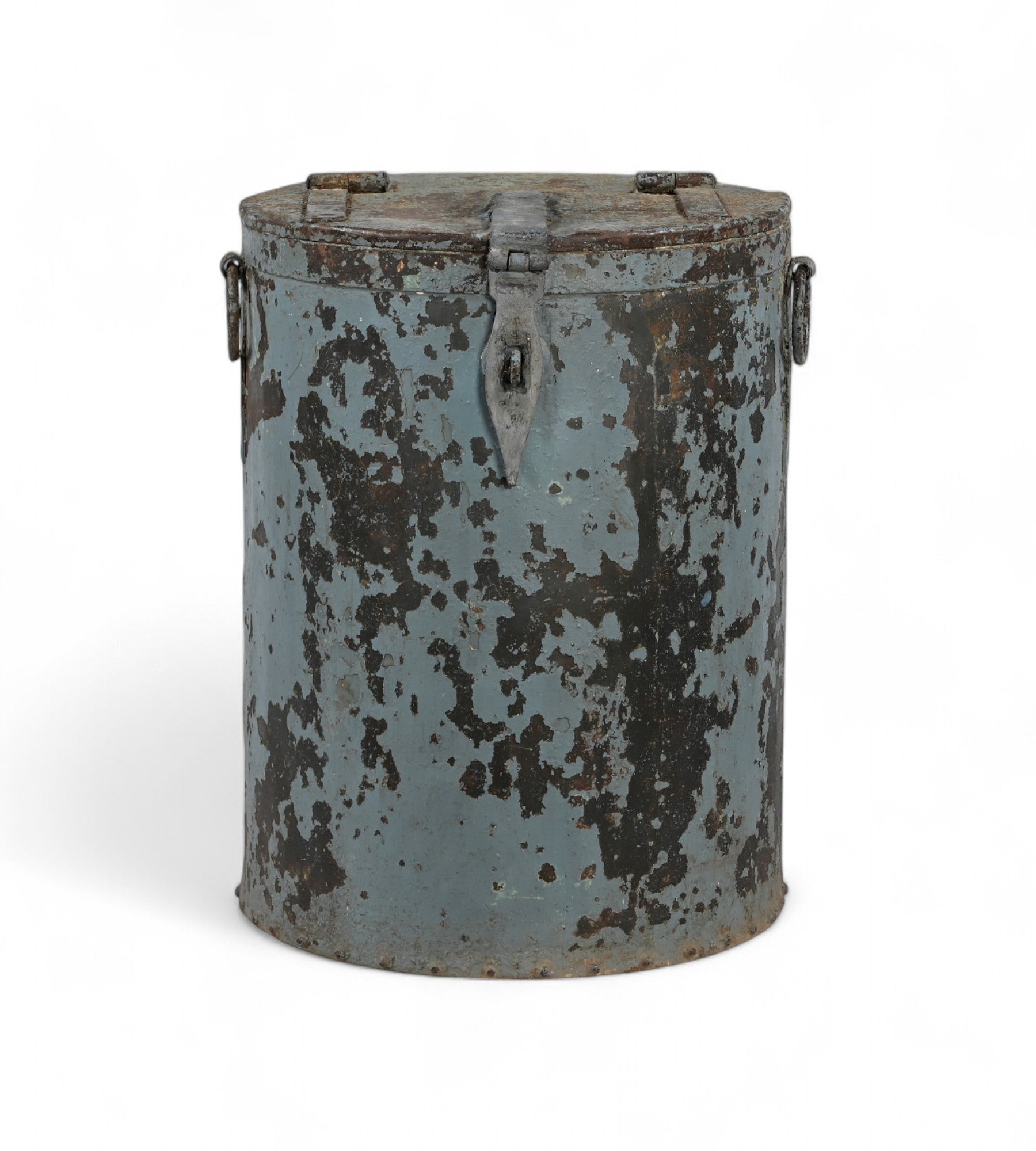 A vintage iron pot with a lid, featuring a blue green distressed finish with natural oxidation.