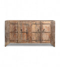 A vintage teak wood sideboard with four panelled doors and hand forged iron pulls.