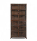 A vintage iron glass display cabinet with multiple shelves and four front glass doors.