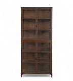 A vintage iron glass display cabinet with multiple shelves and four front glass doors.