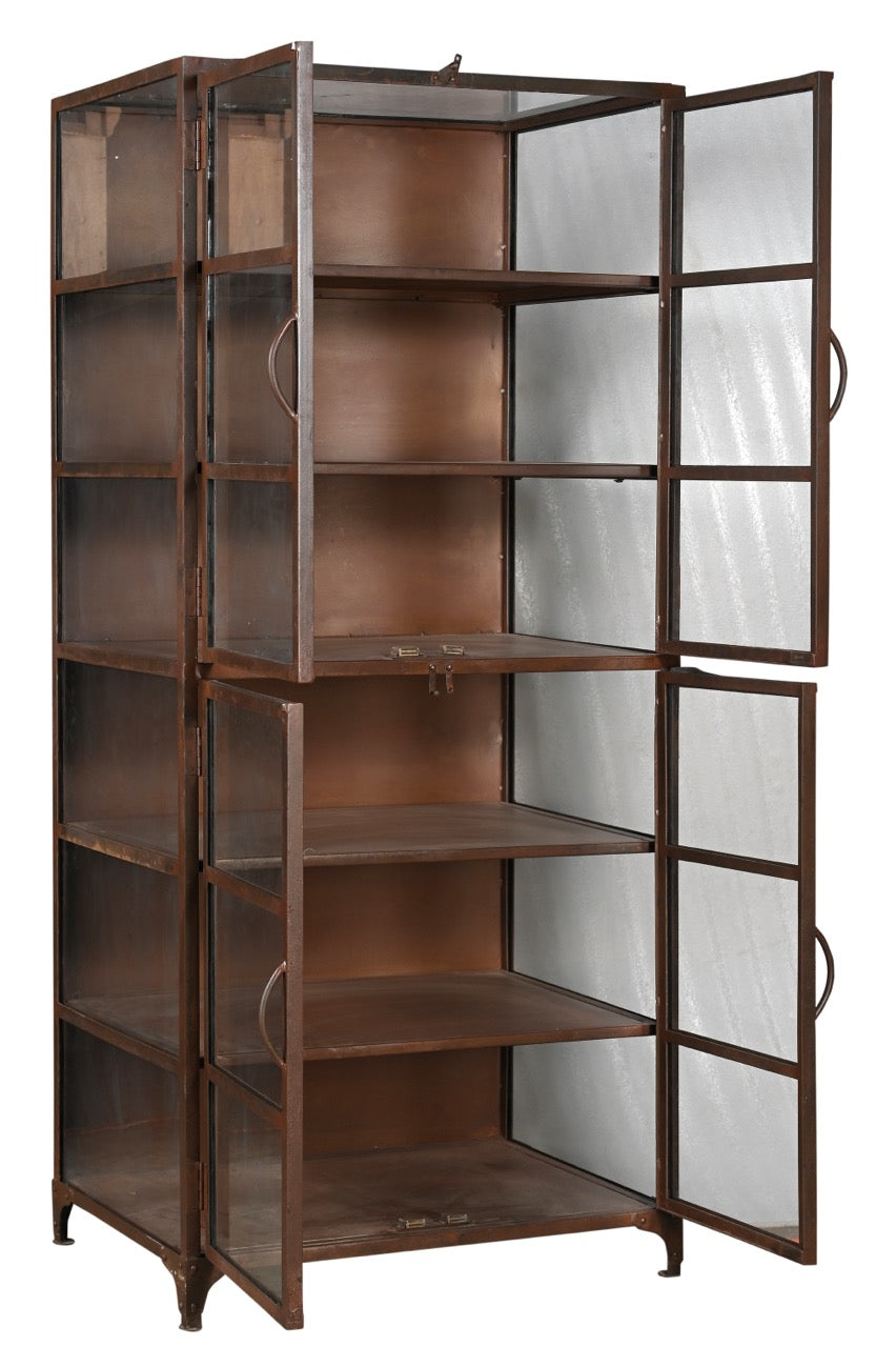 A vintage iron glass display cabinet with multiple shelves and four front glass doors.