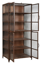 A vintage iron glass display cabinet with multiple shelves and four front glass doors.