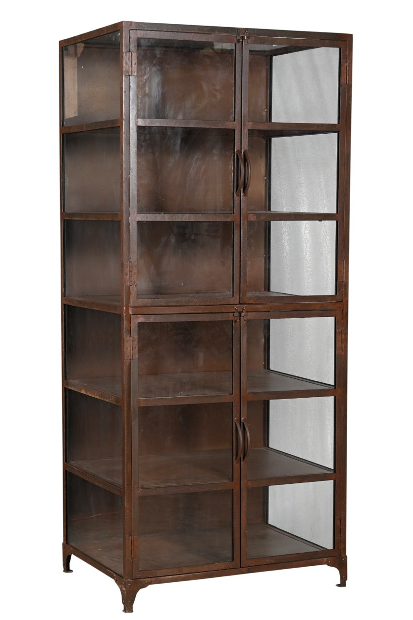 A vintage iron glass display cabinet with multiple shelves and four front glass doors.
