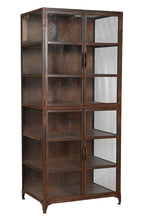 A vintage iron glass display cabinet with multiple shelves and four front glass doors.