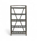 A vintage iron rack with five shelves featuring a blue grey patina and lattice style type shelves.