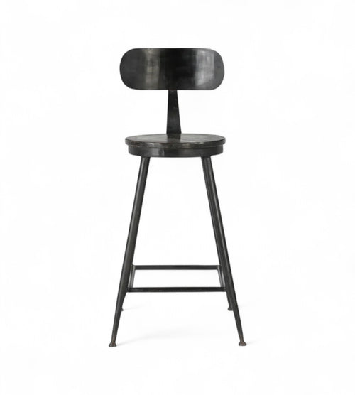 A black iron bar stool with a round mango wood seat and an ergonomic backrest, with visible wood grain and welds.