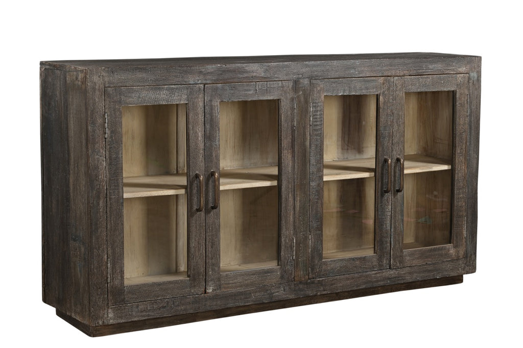A mango wood sideboard with four glass fronted doors and a black and lime wash finish.