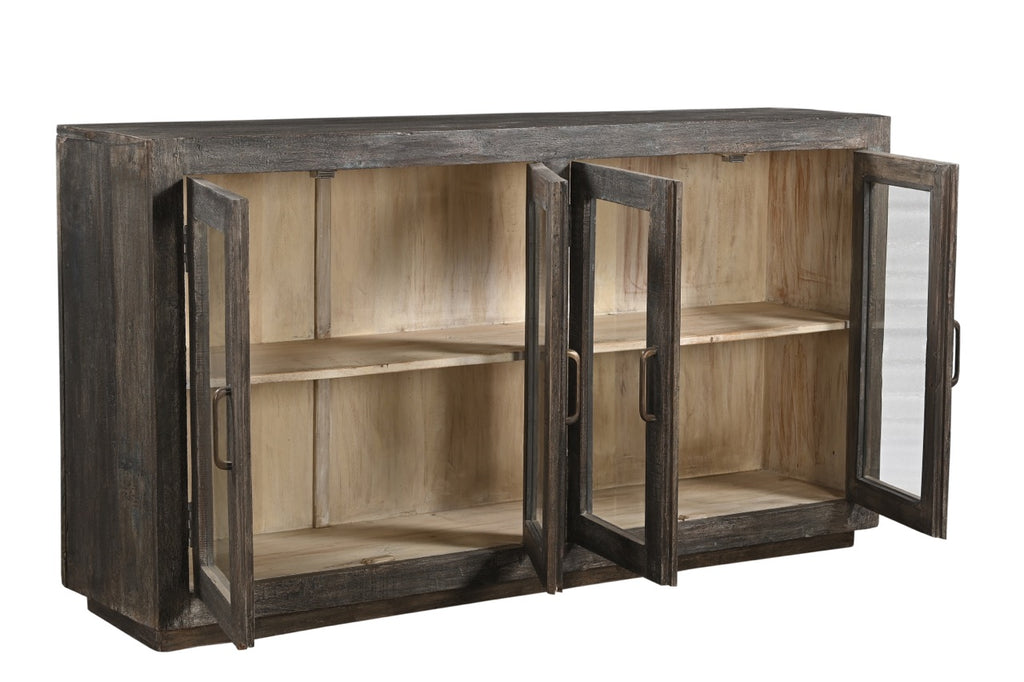A mango wood sideboard with four glass fronted doors and a black and lime wash finish.
