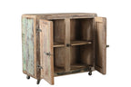 Vintage Indian reclaimed wood side cabinet with iron latches and wheels, featuring a faded multi-coloured patina.