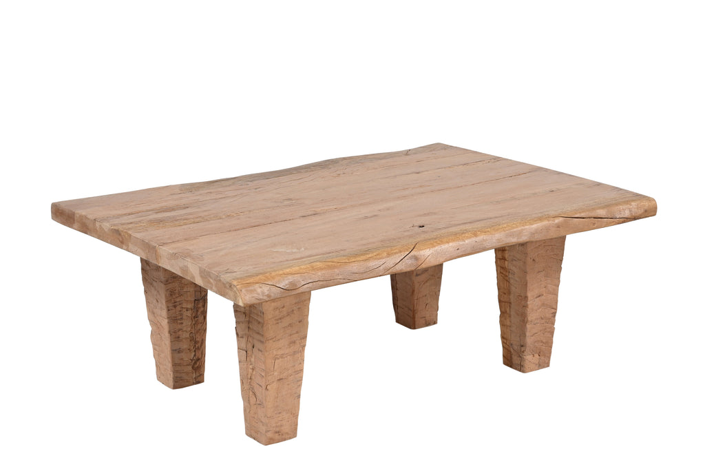 A rectangular natural brown reclaimed wood coffee table with visible wood grain and natural edges.