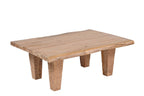 A rectangular natural brown reclaimed wood coffee table with visible wood grain and natural edges.