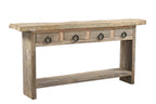 A rectangular recycled wood console table with four top drawers and a long bottom shelf, featuring a natural wood finish.