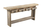 A rectangular recycled wood console table with four top drawers and a long bottom shelf, featuring a natural wood finish.