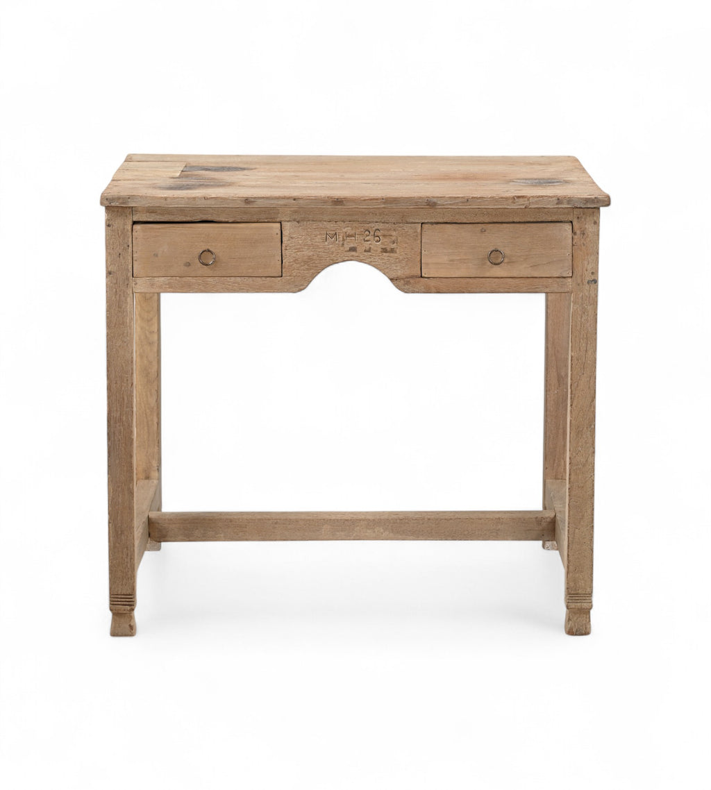 A recycled wood 2-drawer writing desk with a warm tone and visible wood grain patterns.
