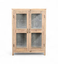 A reclaimed wood display cabinet with glass panel doors and an iron sheet backing.