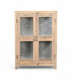A reclaimed wood display cabinet with glass panel doors and an iron sheet backing.