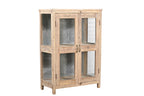 A reclaimed wood display cabinet with glass panel doors and an iron sheet backing.
