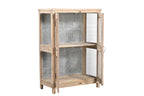 A reclaimed wood display cabinet with glass panel doors and an iron sheet backing.