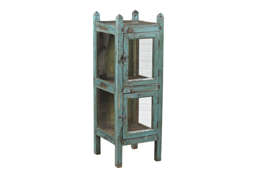 A vintage reclaimed wood glass display side cabinet with an aged turquoise finish and hints of soft green and faded yellow.